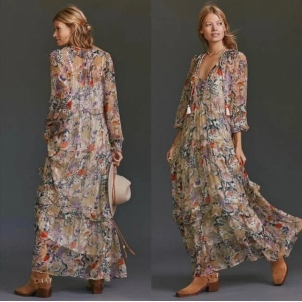 Anthropologie Bohemian Floral Maxi Dress in Beige